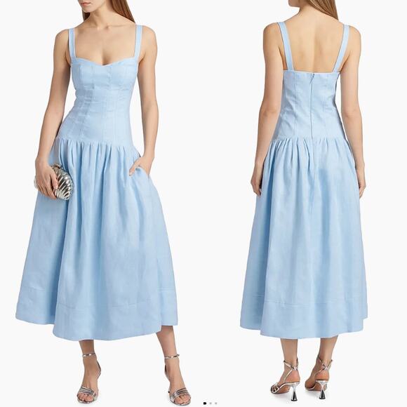 Nicholas Makenna Pleated Drop Waist Corset Linen Midi Dress Sky 12 - Picture 1 of 8